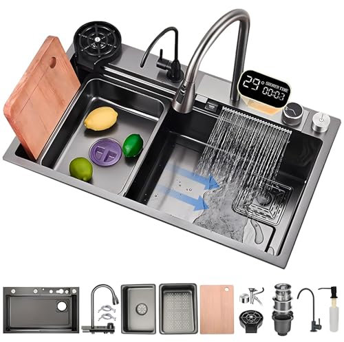 Grifo Cascada Fregadero Con Pantalla, Fregadero Con Nanorrevestimiento, Fregadero De Cocina Con Cascada, Tabla De Cortar Deslizante Y Lavavajillas De Alta Presión(Black-Grey#3,68x45cm)