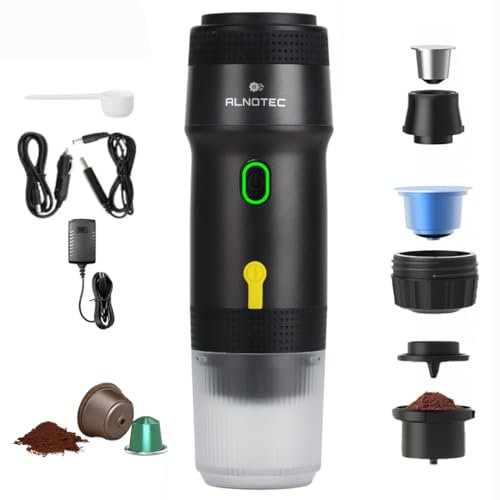 ALNOTEC Expresso Machine à Café Portable Electrique Auto Chauffante, 20BAR - 3 EN 1 Compatible Capsules NES, DG et Café Moulu - Chargeurs 220V, USB et Voiture - Rechargeable. (NOIR)