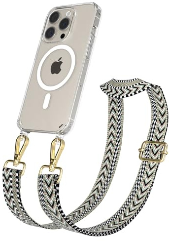 EAZY CASE Handykette - Verstellbares Taschenband kompatibel mit iPhone 15 Pro, Schulterriemen, Handykordel mit Silikon Hülle, Qi Charging kompatibel, Umhängetasche, Grün Schwarz Gold