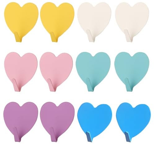 Mewtush 12 Stück Haken Selbstklebende, Haken Kinder, Kleiderhaken Kleben, Herzform aus Edelstahl, Wandhaken Bunt Ohne Bohren, Garderobenhaken für Küche Bad Büro, Kleiderhaken Wandhaken Mehrzweckhaken