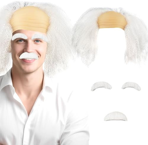 BACH AND BOUJEE Opa Perücken Set Opa Kostüm Perücke Schnurrbart Alter Mann Perücke Männer Perücke Glatze Perücke Weiße Wissenschaftler Professor Perücke Verkleidungs Perücke für Party Cosplay