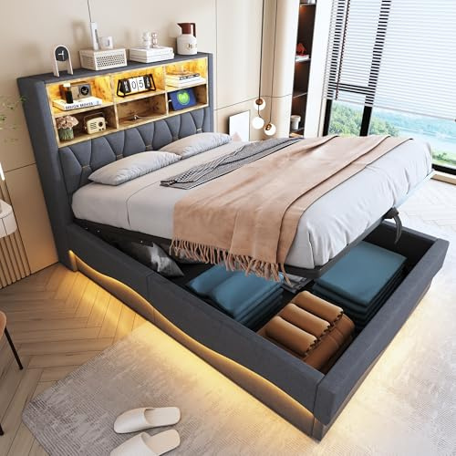 LAKFEW Doppelbett Polsterbett 140x200 cm mit LED-Lichtband und USB-Kopfteil, Hydraulisch Bett mit Stauraum, Bettgestell mit Lattenrost, Jugendbett Schlafzimmer Möbel, Grau, Leinen, Ohne Matratze