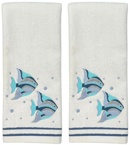 Serafina Home Coastal Bathroom Hand Towels – Set of 2 White 100% Cotton Embroidered Bubble Fish Design – 25 x 16” Decorative Bath & Kitchen Towels