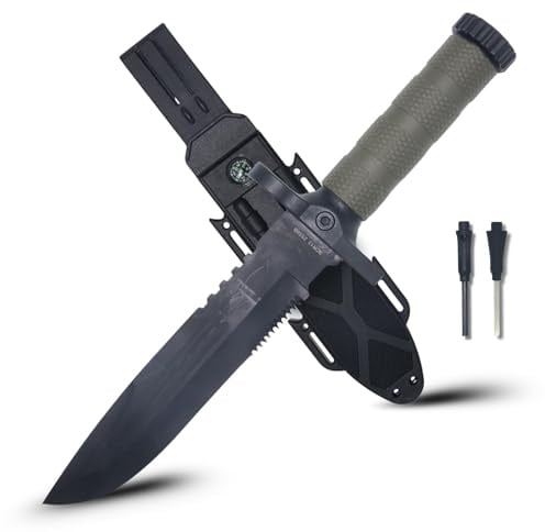 Generico Coltello Sopravvivenza con Lama da 19 cm in Acciaio Inossidabile, Manico Verde e Fodero in ABS, Accendifuoco, Fischietto e Pietra per Affilare – Ideale per Campeggio, Caccia e Pesca