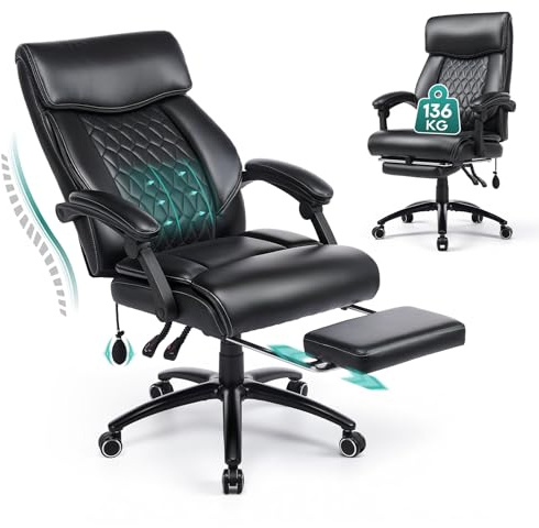 COLAMY Chefsessel Ergonomisch mit Fußstütze, Aufblasbarer Lendenstütze, 117° Kippfunktion, Gepolsterte Klapparme, PU Leder Bürostuhl für Homeoffice & Büro, Schwarz