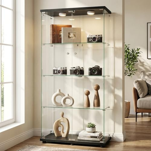 Aislinglen Glasvitrine mit LED Beleuchtung, Vitrinenschrank Schwarz 164,5 x 80,6 x 36,5 cm, Abschließbare Glastüren, Glasvitrine Stehend mit 2 LED Leuchten, 5 mm Gehärtetes Sicherheitsglas (Schwarz)