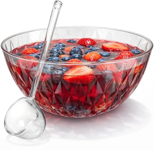 Yiyiring 1.4 Gallon Plastic Punch Bowl with Ladle, Beverage Serving Dish | 5.04 Quart Diamond Texture Punch Bowl with Serving Spoon, for Parties, Holidays and Daily Use, Spoon Designed an Angled Tip