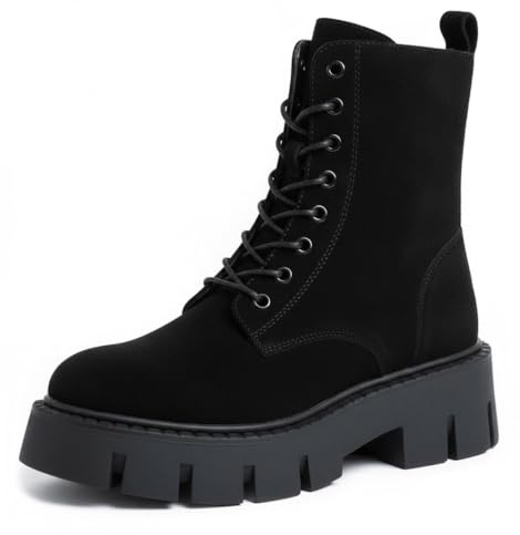 URBAN ROSA Anfibi Stivaletti Donna con Lacci Suola Spessa e Tacco Largo Antiscivolo 8256 (Nero Suede, 38 EU, Adulto, 38, Numero, Sistema Taglie Calzature EU, Media)