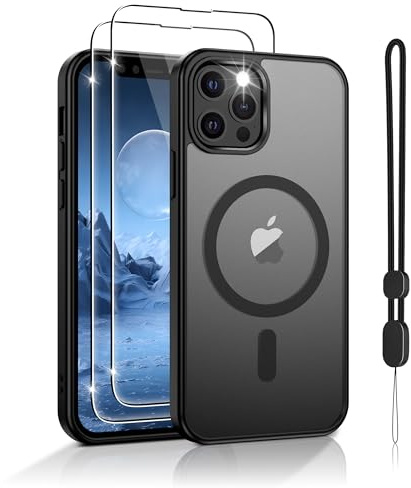 Jshru Magnetic for iPhone 12/12 Pro Case,Compatible with Magsafe,with Lanyard and HD Screen Protectors,[Durable & Sturdy] Slim Translucent Protective Cover,iPhone 12-Black