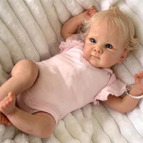 JIEBOTE 18 Zoll 45cm Realistische Reborn Baby Puppe - Vollsilikon-Körper, Handeingepflanztes Blondes Haar, lebendige Blaue Augen, Bewegliche Neugeborene Mädchenpuppe für Sammler & Kinder