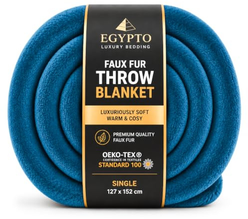 EGYPTO Single Fleece Blanket 127cm x 152cm | Luxury Faux Fur Throws for Sofas | Anti-Allergy Cozy & Soft Throw | Versatile Teal Throw Blanket for Sofa & Bed