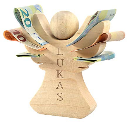 Casa Vivente Holzengel mit Gravur zur Taufe, Personalisiert mit Namen, Verpackung für Geldgeschenke, Geschenk zur Konfirmation und Kommunion
