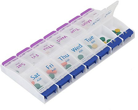 Large Weekly Pill Organiser with Push Button 7 Day AM/PM, Easy Open Vitamin Tablet Box Medicine Dispenser with 14 Compartments