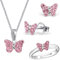 Goldene Hufeisen Mini Rosa Kristall Schmetterling Ring Anhänger Halskette Ohrstecker 925 Echt Silber Mädchen Kinder Set