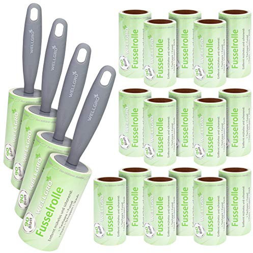 WELLGRO Rodillos para Pelusas - 20 Rollos con 90 Hojas Cada uno + 4 dispensadores, 1800 Hojas Perforadas en Diagonal para facilitar el pelado., Juego de 20