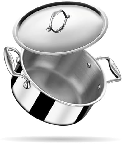 Stahl Triply Stainless Steel Sauce Pot with Lid | Stainless Steel Casserole | Tri Ply Biryani Pot with Induction Base | Artisan 4124, Dia 24 cm, 5.1 L (Serves 8 People)