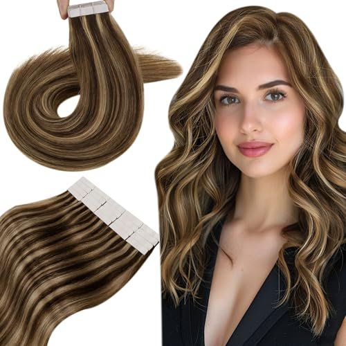Hetto Tape in Extensions Echthaar Braun Blond Extensions Tape Echthaar Dickes Haar Tape in Extensions Echthaar Unsichtbar Haarverlängerung Tape Extensions Dunkelbraun mit Rotblond #P4/27 45cm 50g