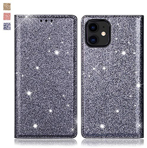 OKZone Cover iPhone 11,Custodia Lucciante con Brillantini Glitters Design Flip Caso in Pelle PU Portafoglio con Interno TPU Protettiva Cover per Apple iPhone 11 (6,1 Pollici) (Argento)