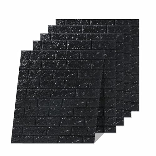 Euro Tische 3D Wandpaneele, Selbstklebende Tapete Steinoptik für Küchenrückwand, Wasserdicht Fliesenaufkleber, Tapete Wandaufkleber für Schlafzimmer Badezimmer (5x Stück, Schwarz) 70x77x0.5cm