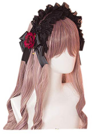LittleLuluda Lace Headband Lolita Maid Rose Flower Headdress Ornaments Ribbon Vintage Cosplay Party Hair Accessories (Black)