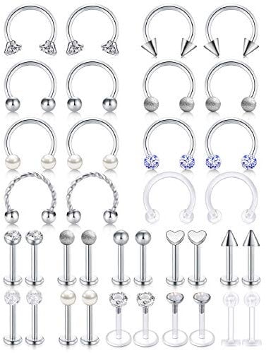 AceFun lippenpiercing Nasenpiercing Ringe Chirurgenstahl 16G Silber Lippenpiercing stecker 36 Stück Lippenring Tragus Helix Knorpel Ohr Piercing 8mm