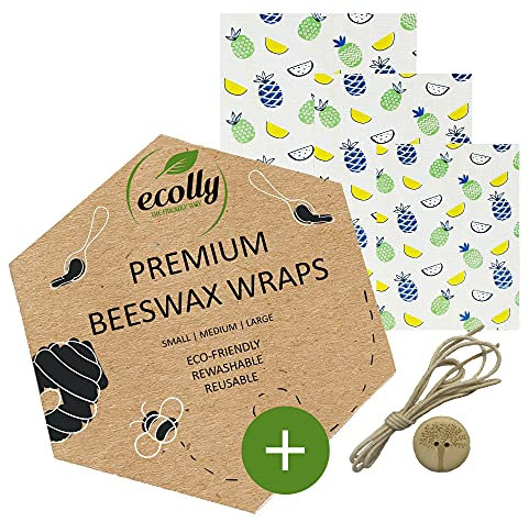 ecolly Bienenwachstücher 3er-Set (S, M, L), Bienenwachspapier, Beeswax Wrap, Plastikfrei & wiederverwendbar, OHNE Jojobaöl, inklusive Knopf & Baumwollfaden - Hawaii