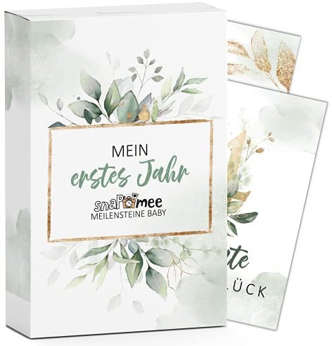 Meilensteinkarten Baby by snaPmee - 40 Fotokarten für Mädchen & Junge - Mein Erstes Jahr Set mit wichtigen Fortschritten + Monatskarten 1-12 (Größe A6) Eukalyptus