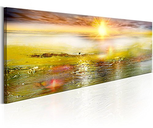 B&D XXL - Tableau décoratif paysage 150x50 cm - Impression sur toile colorée - Décoration murale pour salon et chambre - Artistique lueur mer paysage soleil eau vert jaune c-A-0111-b-b