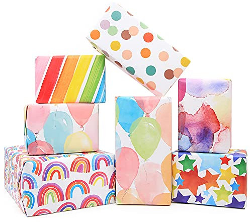 Geschenkpapier Geburtstag Set,12 Blatt Geschenkpapier Kinder Mädchen 70 * 50 cm Regenbogen Gefaltetes Papier mit Farbiges Seil Aufklebern für Geschenkpapier Weihnachten Feier Hochzeit Urlaub Kindertag