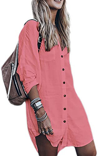 Bsubseach Long Sleeve Bikini Cover Up for Women Loose V Neck Swimwear Button Down Beach Shirt Tunic Dress Coral
