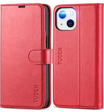 TUCCH Hülle für iPhone 13, iPhone 13 Case, Stoßfeste Handyhülle, [TPU] [Kartenfach] [Standfunktion] Lederhülle, RFID-Sperrung Schutzhülle Kompatibel mit iPhone 13 (6,1 Zoll) Rot