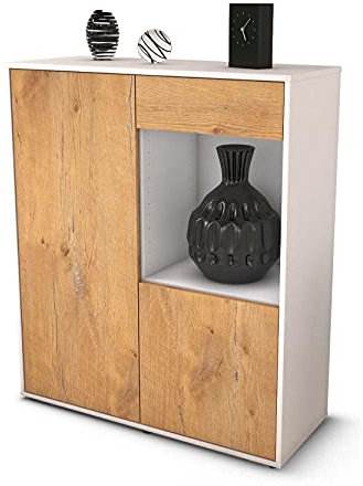 Stil.Zeit Highboard Lena, Korpus Weiss matt, Front Holz-Design Eiche (92x108x35cm), Push-to-Open Technik & Leichtlaufschienen