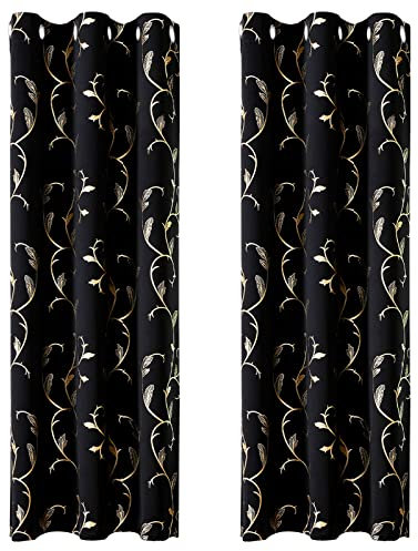 BUHUA 2er-Set Vorhang Blickdicht Verdunkelungsgardinen mit Ösen für Schlafzimmer Fenster Gardine mit Gold Weinstock Musterdruck, H 229 x B 117 cm, Schwarz