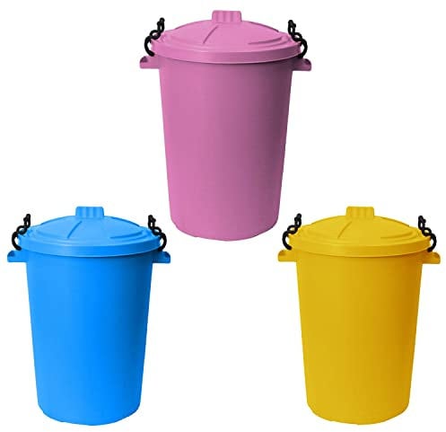 JMS we create smile [Set of 3] 50 Litre Pink, Sky Blue & Yellow Colour Heavy Duty Plastic Bin Dustbin with Locking Lid for Home Garden - Rubbish Waste Animal Feed Storage