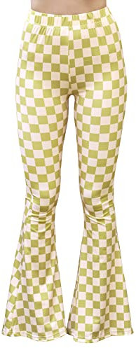 Daisy Del Sol Damen-Hose, hohe Taille, Gypsy, bequem, Yoga, ethnisch, Tribal, Stretch, Palazzo, 70er Jahre, Glockenunterteil, passend zu Schlaghosen, Grünes Schachbrett, S