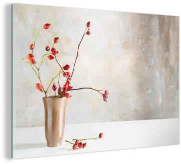 MuchoWow Glasbild Glasfoto Wandbild Bilder Deko 90x60 cm Hagebutte - Stilleben - Rot