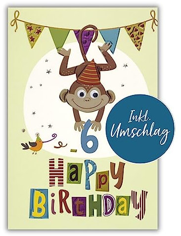 bsb Geburtstagskarte Kinder - liebevolle Karte zum 6. Geburtstag mit Affe - Geburtstagskarte Mädchen & Junge mit Umschlag - Karte Geburtstag - Happy Birthday Karte in 11,5 x 17,0 cm