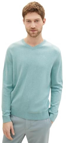 TOM TAILOR Herren Basic Pullover mit V-Ausschnitt aus Baumwolle,34143 - Soft Mint Melange, XXXL
