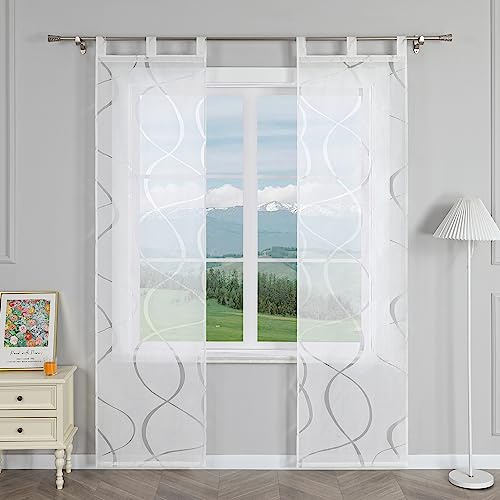 Delien Schiebevorhänge 2er Set Ausbrenner Schiebe Flächenvorhänge mit Wellen Muster Transparente Vorhang Modern Wohnzimmer Gardinen Fenster Schals mit Schlaufen BxH 57x145cm,Weiß