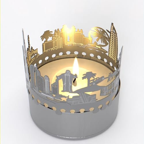 Dubai Skyline Schattenspiel - Kerzenaufsatz für magisches Licht, Souvenir und Geschenk für Dubai Fans, Burj Khalifa, Dubai Mall, Palm Jumeirah, Burj Al Arab, elegantes Wohnaccessoire