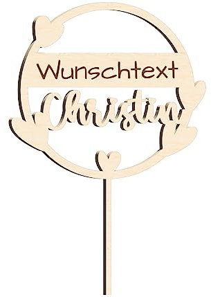 Alsino Cake Topper Tortenstecker Wunschtext Name Datum - Geburtstag, Taufe, Geburt, Kommunion, Konfirmation graviert Herz Herzen - aus nachhaltigem Holz, (LA-212) Wunschtext Name Herzen