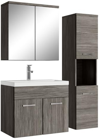 Badplaats B.V. Badezimmer Badmöbel Set Montreal mit Spiegelschrank 60cm Waschbecken Grau Eiche - Unterschrank Hochschrank Waschtisch Möbel