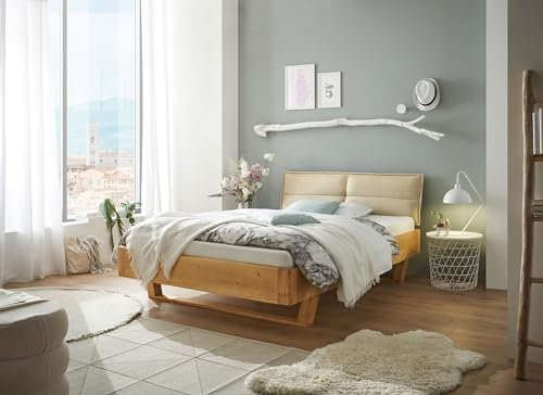 möbelando TJARK Modernes Massivholzbett 180x200, Fichte - Komfortables & hochwertiges Balkenbett mit gepolstertem Kopfteil - 186 x 89 x 219 cm (B/H/T)