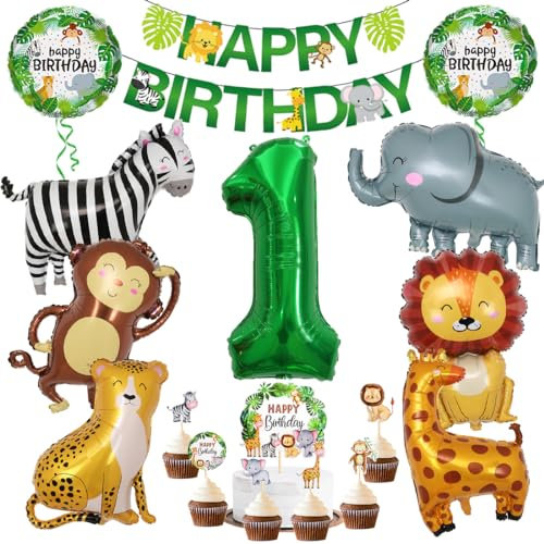 Dschungel Deko 1 Geburtstag, 1 jahr Kinder Geburtstagsdeko, Safari Tiere Folienballon 1, 17 Stück Wild Erster Geburtstags Dekoration, Waldtiere Grüner Luftballon für Geburtstag Mädchen Junge Kinder