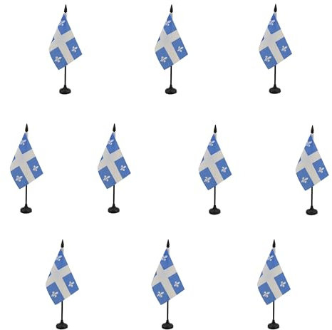 AZ FLAG - Lot de 10 Drapeau De Table Québec - 15x10 cm - 10 Mini Drapeaux Québécois - Canada De Bureau 100% Polyester Avec Hampe De 25cm Et Socle En Plastique Noir