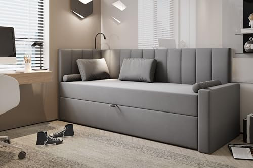 TRADA Boxspringbett Tokio - Bett mit Matratze und Bettkasten - Stoffbezug Veloursstoff - Rechtsgrau - 80 x 200 cm