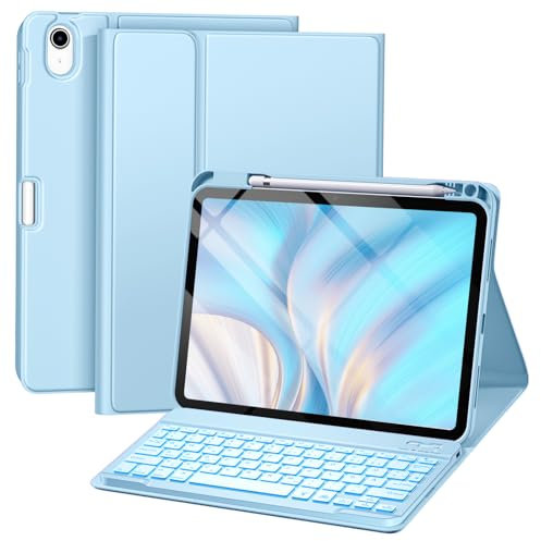 drivego Hülle mit Tastatur für iPad 11 Generation A16/10 Generation (11/10.9 Zoll, 2025/2022), 7-farbige Beleuchtung Magnetische Tastatur für iPad 11./10. Gen Hülle mit Stifthalter, Hellblau