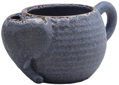 280ml/9.5oz Creative Animal Shaped Ceramic Mug Wooden Handle Coarse Ceramic Mug-Retro Blue - Elephant Cup