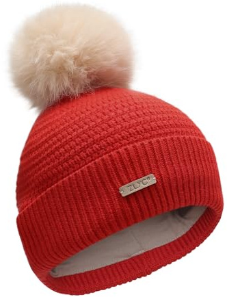 ZLYC Kinder Winter Strickmützen Baumwolle Pom Pom Beanie für 4 bis 8 | Gestrickte Kinder Mütze für Jungen Mädchen,mit Abnehmbarem Bommel aud Wattiertem Futter.Ideal Für Herbst Und Winter