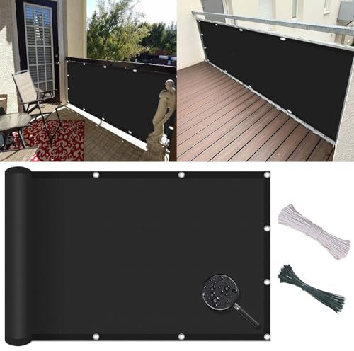 Brise Vue Balcon Cache Vue 70 x 95 cm Protection 98% UV/Imperméable, Revêtement de Balcon Résistante Brise Vue avec Cordons et Attaches de Câble, pour Jardin/Terrasse/Grillage, Noir